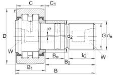 螺栓型滾輪 PWKRE52-2RS, 軸向引導(dǎo)，滿裝圓柱滾子，帶偏心擋圈，兩側(cè)唇密封