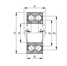 角接觸球軸承 3005-B-TVH, 雙列，接觸角 α = 25°