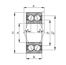角接觸球軸承 3801-B-2RSR-TVH, 雙列，雙側(cè)唇密封，接觸角 α = 25°